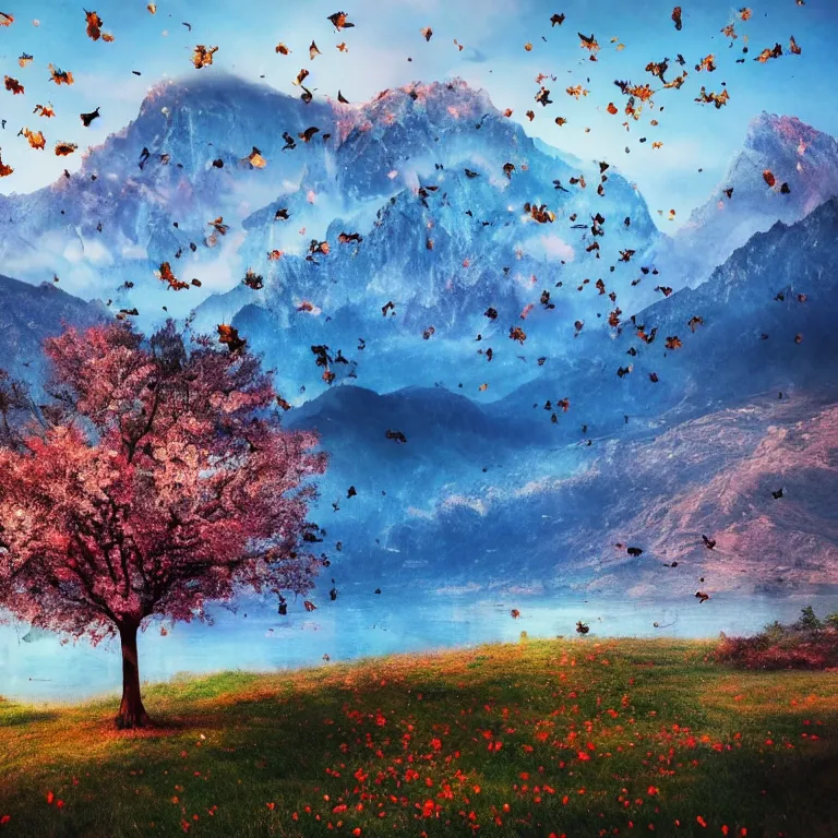 Image similar to a beautiful awesome artistic tree with falling flowers like leaves and many birds, all in the amazing outdoors view, mountain in the background, lake, long exposure, 8 k resolution, trending on artstation