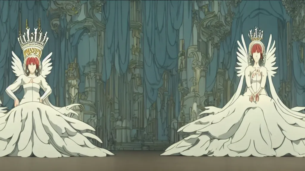 Image similar to a queen dressed as a white swan, wearing a swan mask, sitting in her white stone throne room, anime film still from the an anime directed by katsuhiro otomo with art direction by salvador dali, wide lens