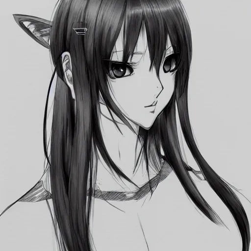 Image similar to A detailed frontal portrait sketch of a catgirl, By shirow masamune, WLOP, Avetetsuya Studios, colored sketch anime manga panel, trending on artstation, pixiv art, smooth, artgem, elegant, highly detailed, pixiv trending, anime inspired, by studio trigger, attractive character