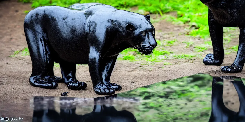 Prompt: the smooth black jaguar, made of smooth black goo, bating in tar in the zoo exhibit, viscous, sticky, full of tar, covered with black goo. photography, dslr, reflections, black goo, zoo, exhibit