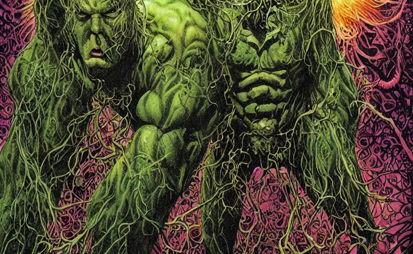 Image similar to a gorgeous hyper detailed semi symmetrical splash page DC comics color illustration of Swamp Thing going into the green having a transcendent psychedelic experience communicating with the elemental gods by John Totleben