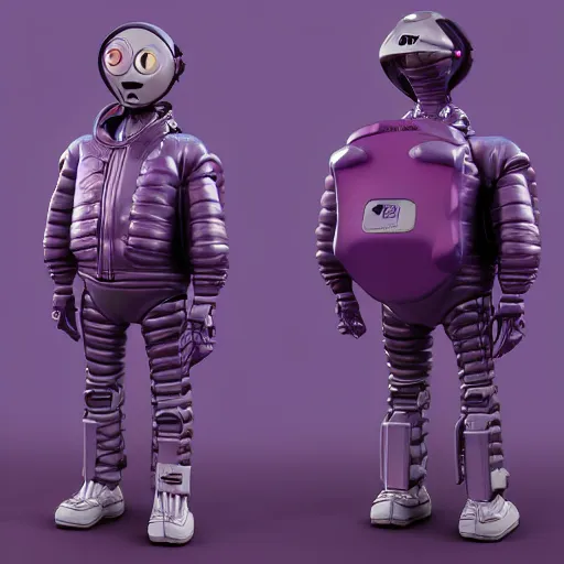 Image similar to kid robot with purple jacket design by fabricio campos and lidia morales, character modeling, toy design, substance 3 d painter, blender, mental ray, zbrush, stylized, portrait, studio photo, 7 0 mm lens, trending in behance