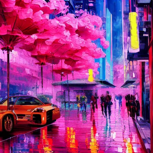 Image similar to impressionism and expressionism, bold colors, expressive brushstrokes. a painting of an art - deco city street with pink flowers, cyberpunk art by liam wong, cgsociety, panfuturism, cityscape, utopian art, anime aesthetic