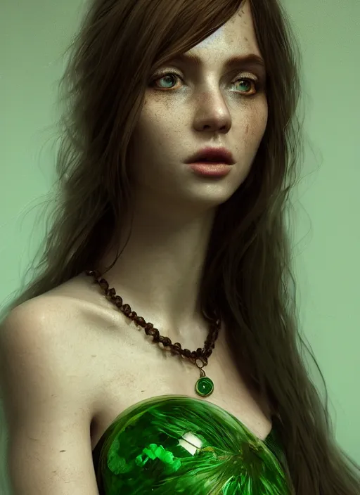 Prompt: portrait of terrified! green ball gown young woman, long brown hair, bloodied, emerald necklace! au naturel, hyper detailed, digital art, trending in artstation, cinematic lighting, studio quality, smooth render, unreal engine 5 rendered, octane rendered, art style by klimt and nixeu and ian sprigger and wlop and krenz cushart