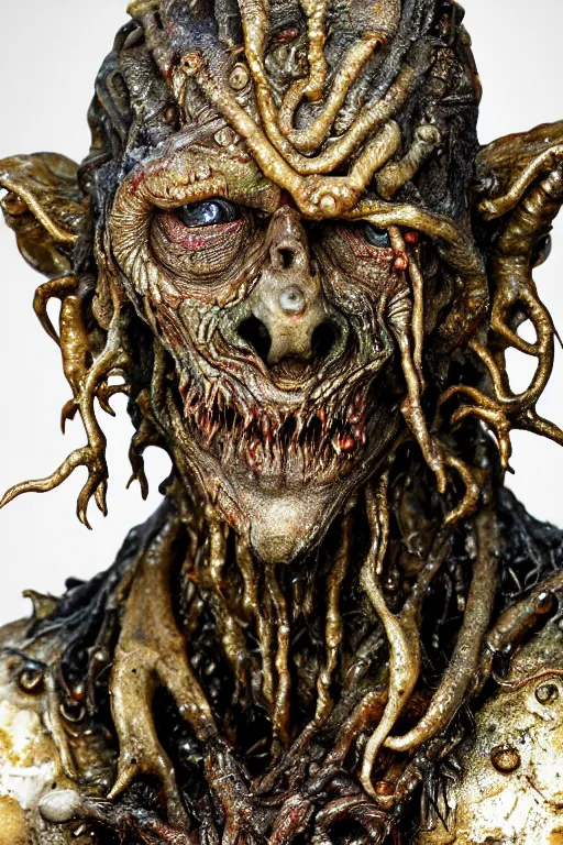 Image similar to photo taken of an epic intricate, ultra detailed, super realistic gritty, wet, slimy, lifelike sculpture of a nightmarish hellish ghoulish creature created by weta workshop, zoomed in shots, photorealistic, sharp focus, white wall coloured workshop, cold blueish colour temperture, f 0. 4, face centred, golden ratio, golden hour