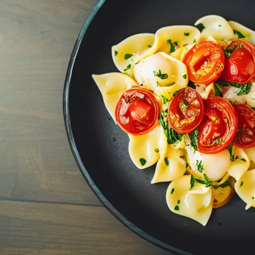 Prompt: a dramatically lit photo of a fancy scallop pasta with tomatoes