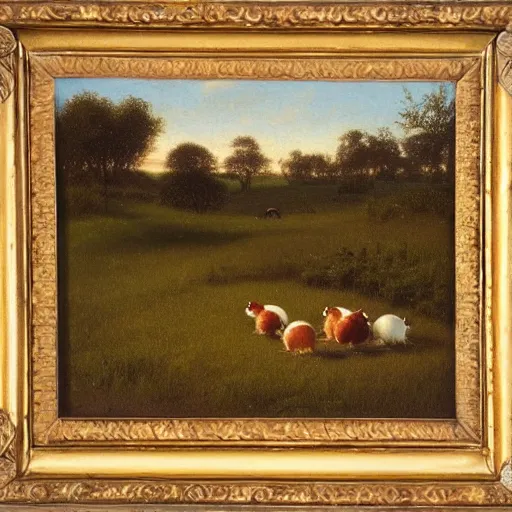 Prompt: oil painting by martin johnson heade of a small group of guinea pigs in a meadow in the spring at dawn.