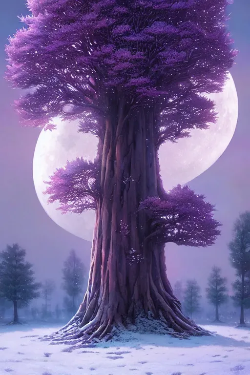 Image similar to giant tree in snow with purple flowers on surface of the moon, unreal engine, fantasy art by greg rutkowski, loish, rhads, ferdinand knab, makoto shinkai and lois van baarle, ilya kuvshinov, rossdraws, tom bagshaw, global illumination, radiant light, detailed and intricate environment