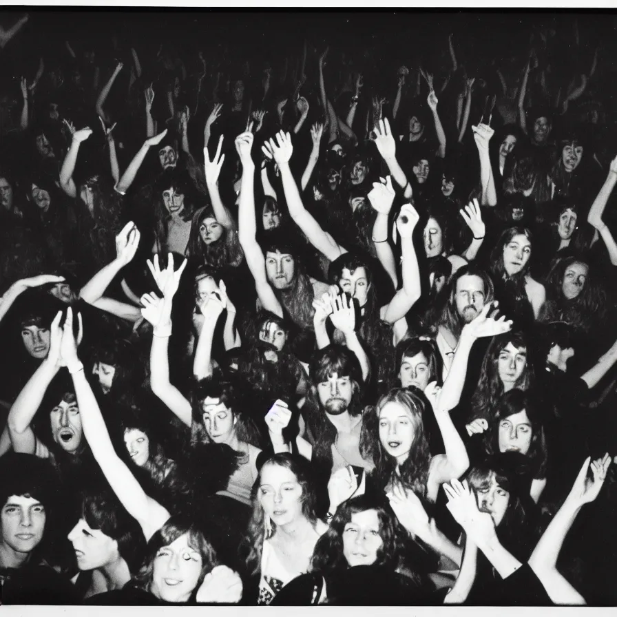 Prompt: a 70s polariod of a crowd in a liminal space having a rave.