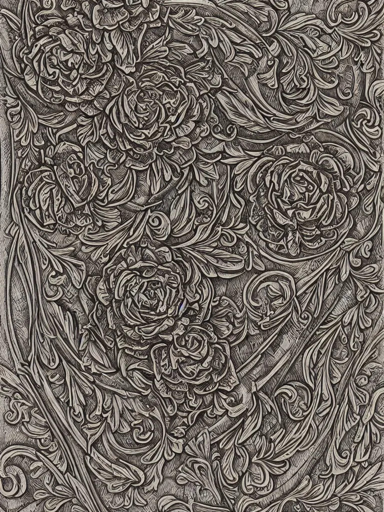 Prompt: beautiful decorative classical ornamental shield emblem, fibonacci rhythms, roses, lilies, rose petals, leaves, stems, angular flower petals, highly detailed etching, radially symmetrical, rendered in octane