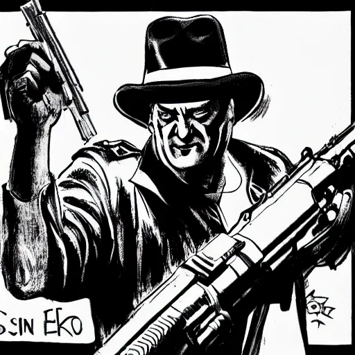 Image similar to milos zeman as sin city character, holding automatic rifle, drawn by frank miller