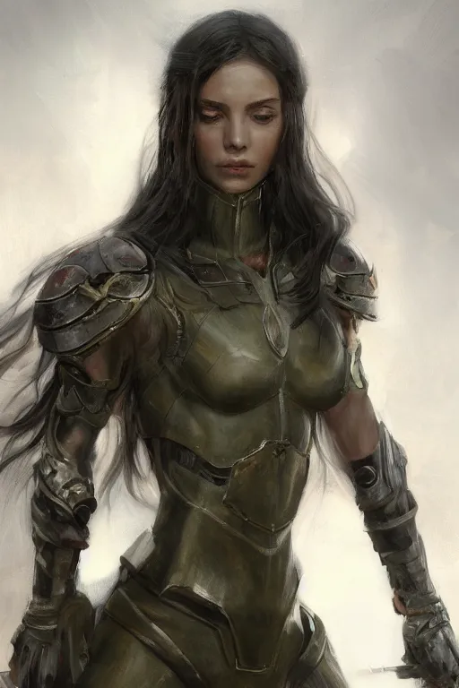 Prompt: a photorealistic painting of an attractive young girl, partially clothed in battle armor, olive skin, long dark hair, beautiful bone structure, perfect eyes, symmetrical facial features, intricate, elegant, digital painting, concept art, illustration, sharp focus, minimal artifacts, 8k, from Metal Gear, in the style of Ruan Jia and Mandy Jurgens, by Greg Rutkowski, trending on Artstation, award winning