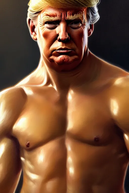 Image similar to Donald Trump as a Greek god, gorgeous, amazing, muscular, fit, very muscular male body, intricate, highly detailed, digital painting, artstation, concept art, sharp focus, illustration, art by greg rutkowski and alphonse mucha