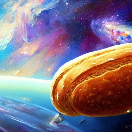 Image similar to loaf of bread in space, stylish painting, dramatic, bread, milky way galaxy, artstation award, concept art