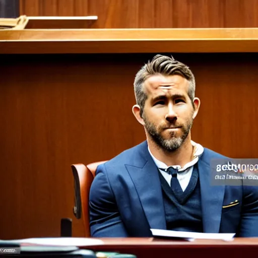 Prompt: news photo of ryan reynolds in courtroom on trial, lawyer sitting beside him, highly detailed, extremely high quality, hd, 4 k, 8 k, professional photographer, 4 0 mp, lifelike, top - rated, award winning, realistic, detailed lighting, detailed shadows, sharp, no blur, edited, corrected, trending