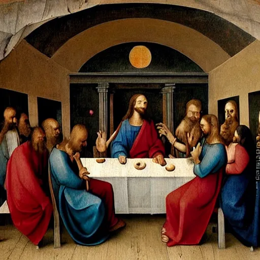 Prompt: a beautiful painting of the last supper with characters from the matrix, by Hieronymus Bosch