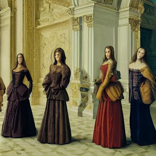 Prompt: fine art, oil on canvas. six women in a vast castle lobby wearing fine clothes, no faces visibles. dark room with light coming through the right side. baroque style 1 6 5 6. high quality realistic recreation of illumination shadows and colors, no distortion on subject faces.