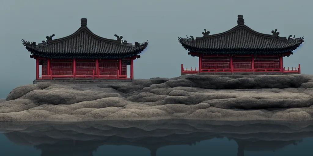 Image similar to a ancient chinese style building located on a lonely huge fantastic dark rock in the sea. lotus blooming. morning. medium shot. octane render. 8 k. cinematic.