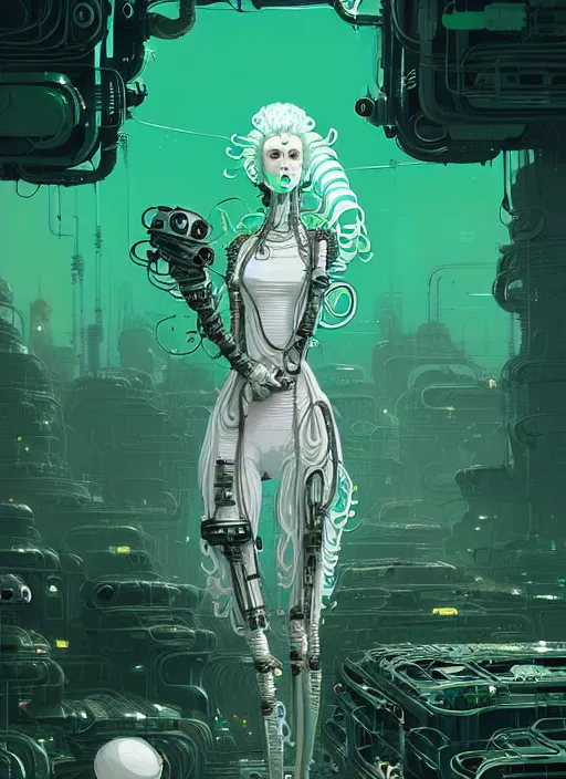 Image similar to highly detailed portrait of a biopunk long curly white hair tribal lady, stray wiring by atey ghailan, james gilleard, by joe fenton, by greg rutkowski, by greg tocchini, by kaethe butcher, 4 k resolution, gradient green, black and white color scheme!!! ( ( green caustic robotic dystopian city background ) )