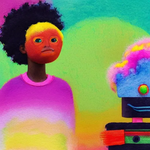 Prompt: a black girl with a colorful afro and rainbow eyes building a robot, bright colours, bokeh!! watercolor, volumetric wool felting, macro photography, children illustration, by goro fujita