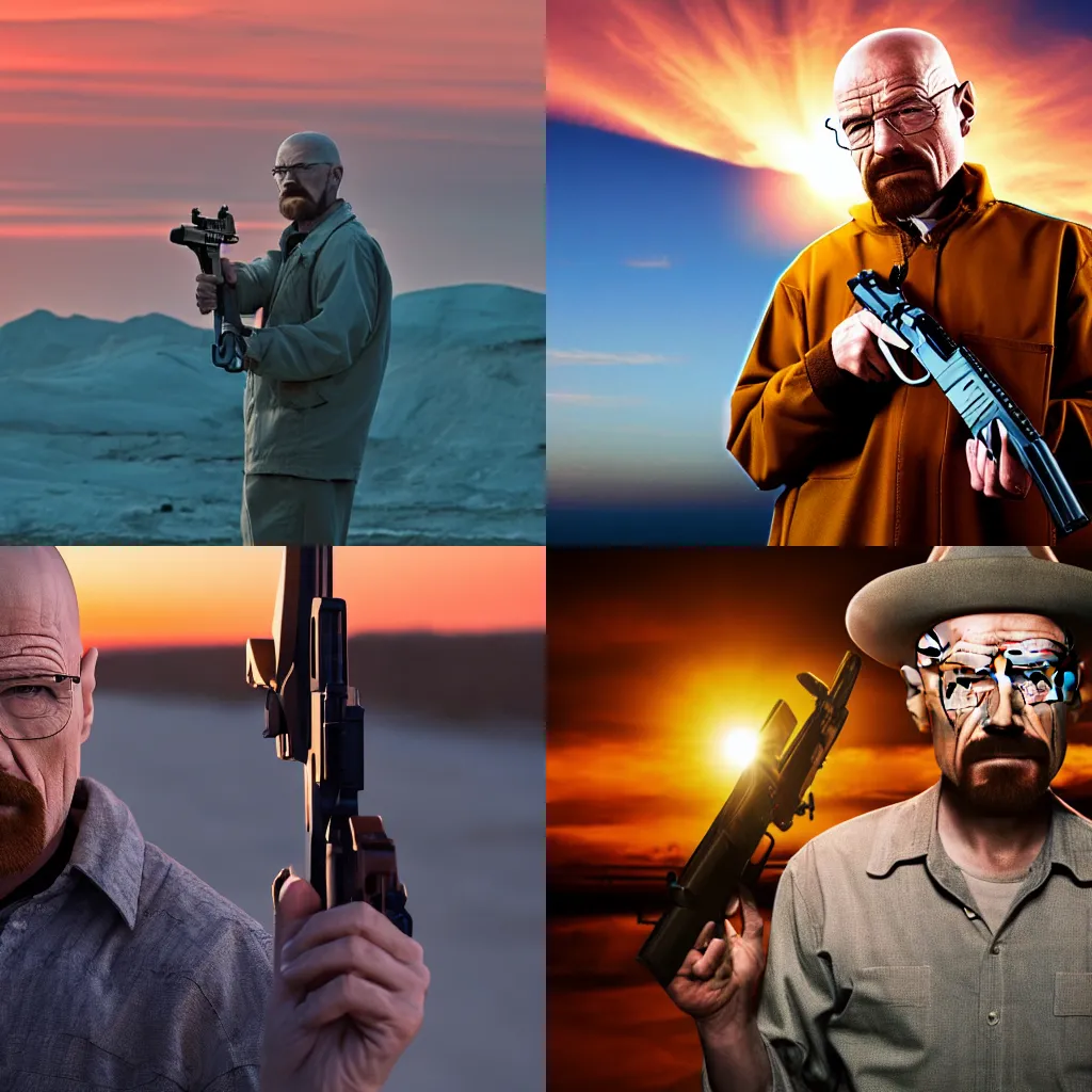 Prompt: Walter White Holding A AK-47, Sunset, In A City, 4K