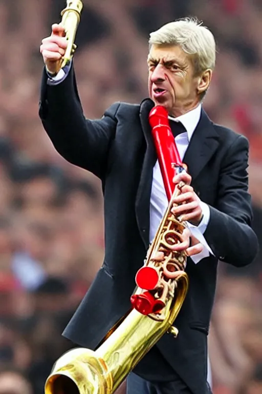 Image similar to a photo of arsene wenger going wild on a saxaphone