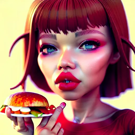 Image similar to girl, eating, good food, happy, slim, stylized, artstation, hd, cgsociety, cgi, realistic, dramatic, cinematic, artistic, trending, detailed