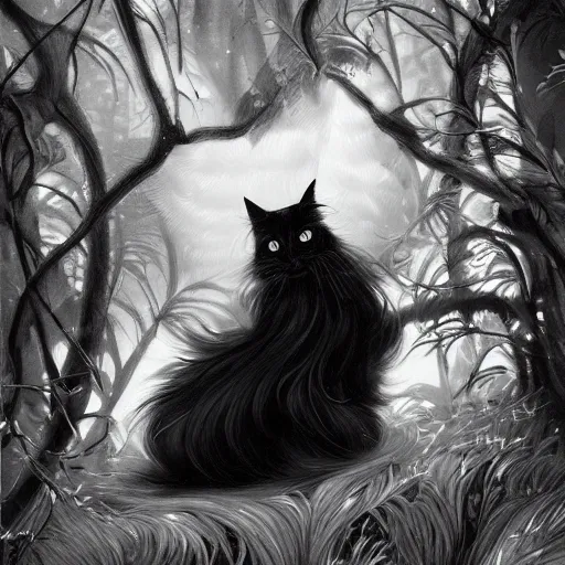 Image similar to a painting of a long haired black and white cat in a scenic environment by anna dittmann, hyperdetailed, beautiful, trending on artstation