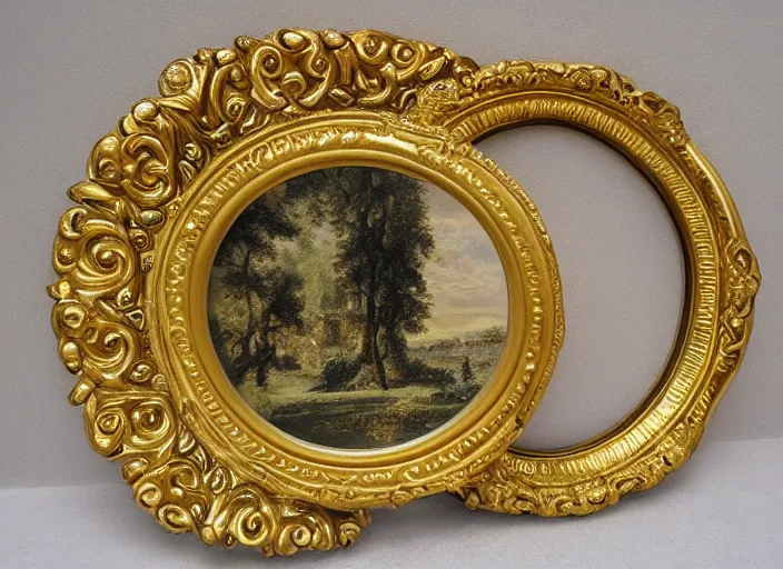 Image similar to beautiful baroque circular portrait picture frame, royal, gilded with gold, magical, fantasy, metallic