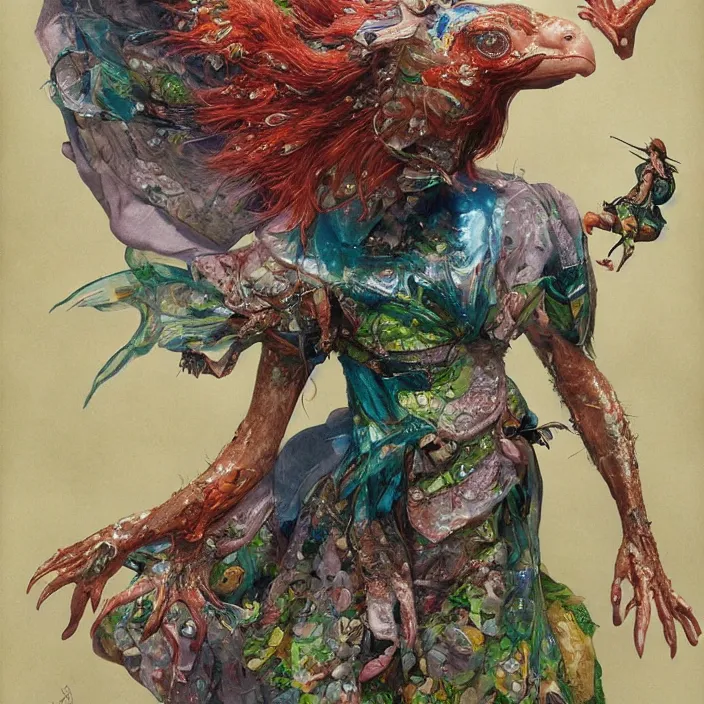 Image similar to a fashion editorial of sadie sink with hooves as a brightly colored eagle amphibian hybrid super hero with wet translucent mutated scaled skin. wearing a infected organic dress. by tom bagshaw, donato giancola, hans holbein, walton ford, gaston bussiere, peter mohrbacher, brian froud and iris van herpen. 8 k, cgsociety