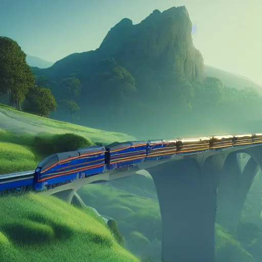 Prompt: futuristic train driving through valley, green hills, matte painting, artstation, sunrise, blue sky