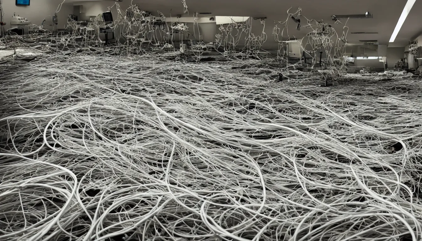 Prompt: Hospital ward floor scattered with hundreds of fish skeletons , decimated barren rooms littered with emerging wires and cables that grow like plants , full colour , upscale , 4k
