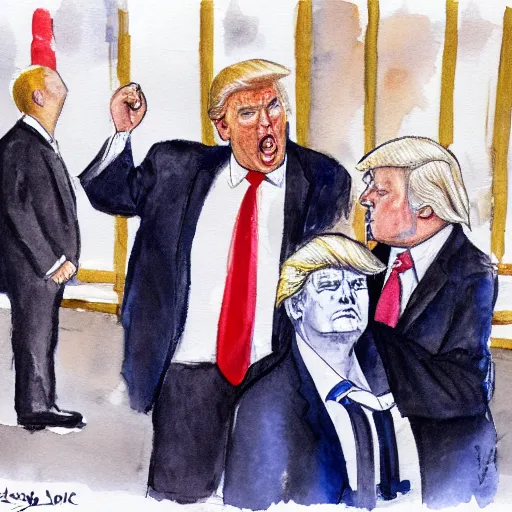 Prompt: donald trump being arrested by the fbi. donald trump handcuffed. watercolor.