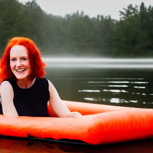 Prompt: tall beautiful red haired scottish woman, smiling on a raft in a lake, 4 k, early morning, mist, photorealism, professional photography