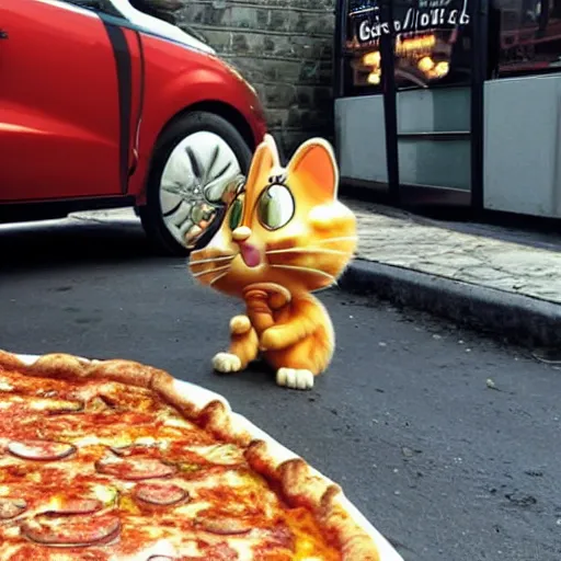 Prompt: garfield the cat driving car into side of pizzeria