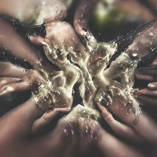 Image similar to closeup of beautiful human bodies intertwined, bodies blooming, 3 d fractals, mandelbulb, dripping wet, skin, macro photography, anamorphic bokeh, long exposure, highly detailed, hyperrealism, cinematic