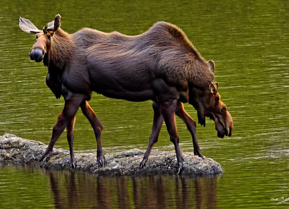 Image similar to moose beaver hybrid, drinking at a lake, photorealistic, photography, nature, forest, wildlife