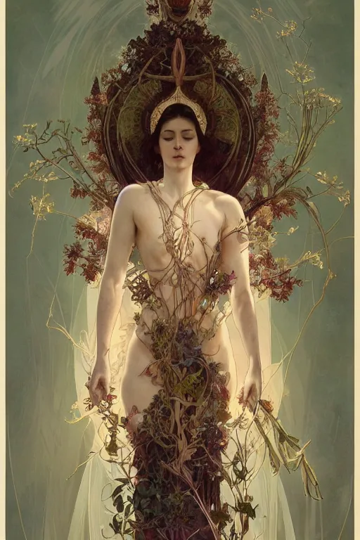 Prompt: a full body portrait of a beautiful ethereal delicate botanical mage queen meditative sacral pose catholic stages of the cross, intricate, elegant, highly detailed, digital painting, artstation, concept art, smooth, sharp focus, illustration, art by krenz cushart and artem demura and alphonse mucha