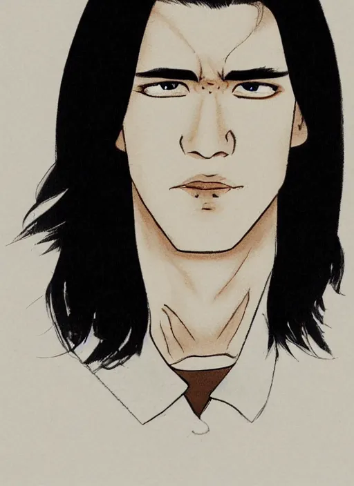 Image similar to portrait illustration by yoji shinakawa, handsome male vampire, focus on face, pretty, long black hair, dark blue shirt, light brown coat