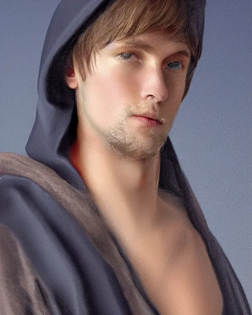 Image similar to digital art portrait of a young man in dark robes, hooded