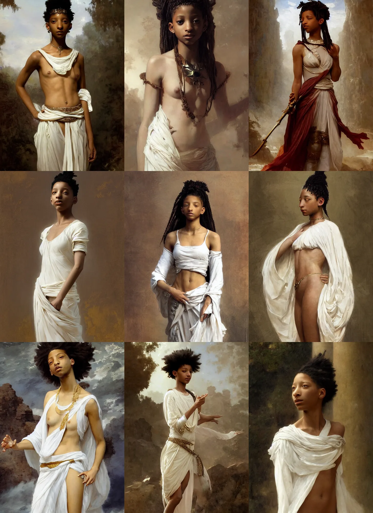 Prompt: willow smith as ancient libyan princess, white skirt and barechest, intricate, elegant, highly detailed, artstation, concept art, sharp focus, ruan jia, jurgens, orientalism, bouguereau