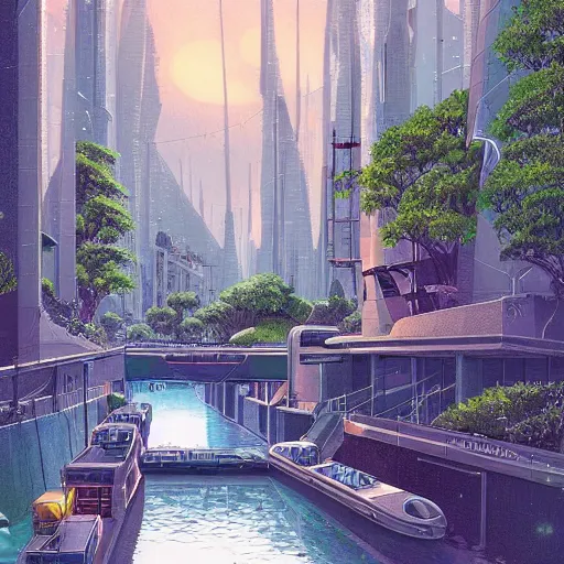 Image similar to Narrow cosy waterway in futuristic sci-fi city in harmony with nature. Nice colour scheme, soft warm colour. Beautiful detailed illustration by Lurid. (2022)