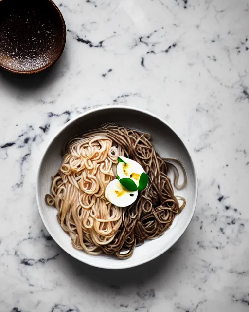 Prompt: realistic photo of delicious miso soba, ( champignon ), bowl, glass, white kitchen table, cloth, marble, highly detailed, by louise lister, sara ali, mary devinat, kailee mandel, sharp focus!!, masterpiece, award winning, elegant, instagram, food photography