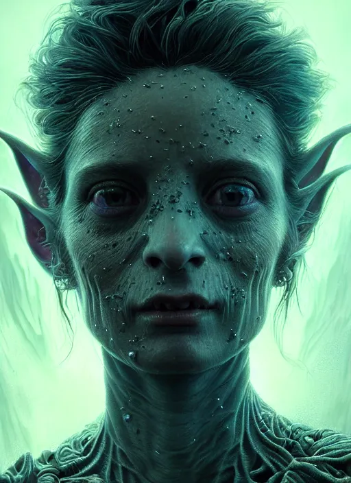 Prompt: realistic portrait of beautifully crystalized and detailed portrait of a goblin, matte painting of cinematic movie scene, dystopian environment, horror, created by gustave dore and greg rutkowski, high detailed, smooth draw, synthwave neon retro, intricate, realistic proportions, dramatic lighting, trending on artstation.