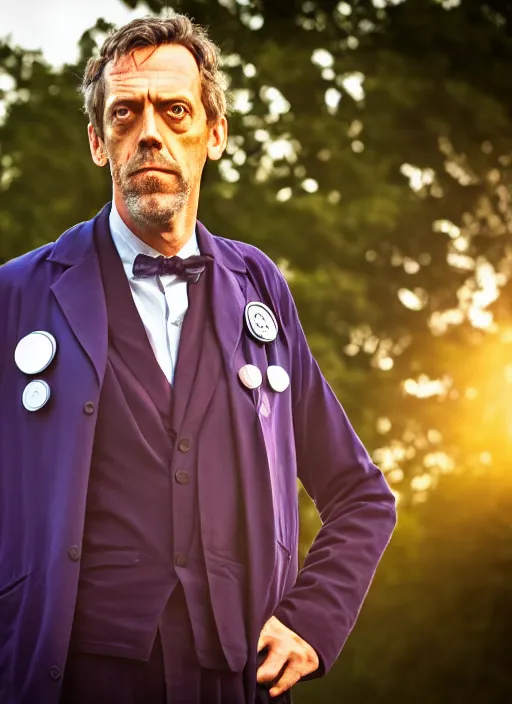 Image similar to dslr photo portrait still of hugh laurie as doctor who in front of the tardis at sunset, 8 k, 8 5 mm f 1. 4