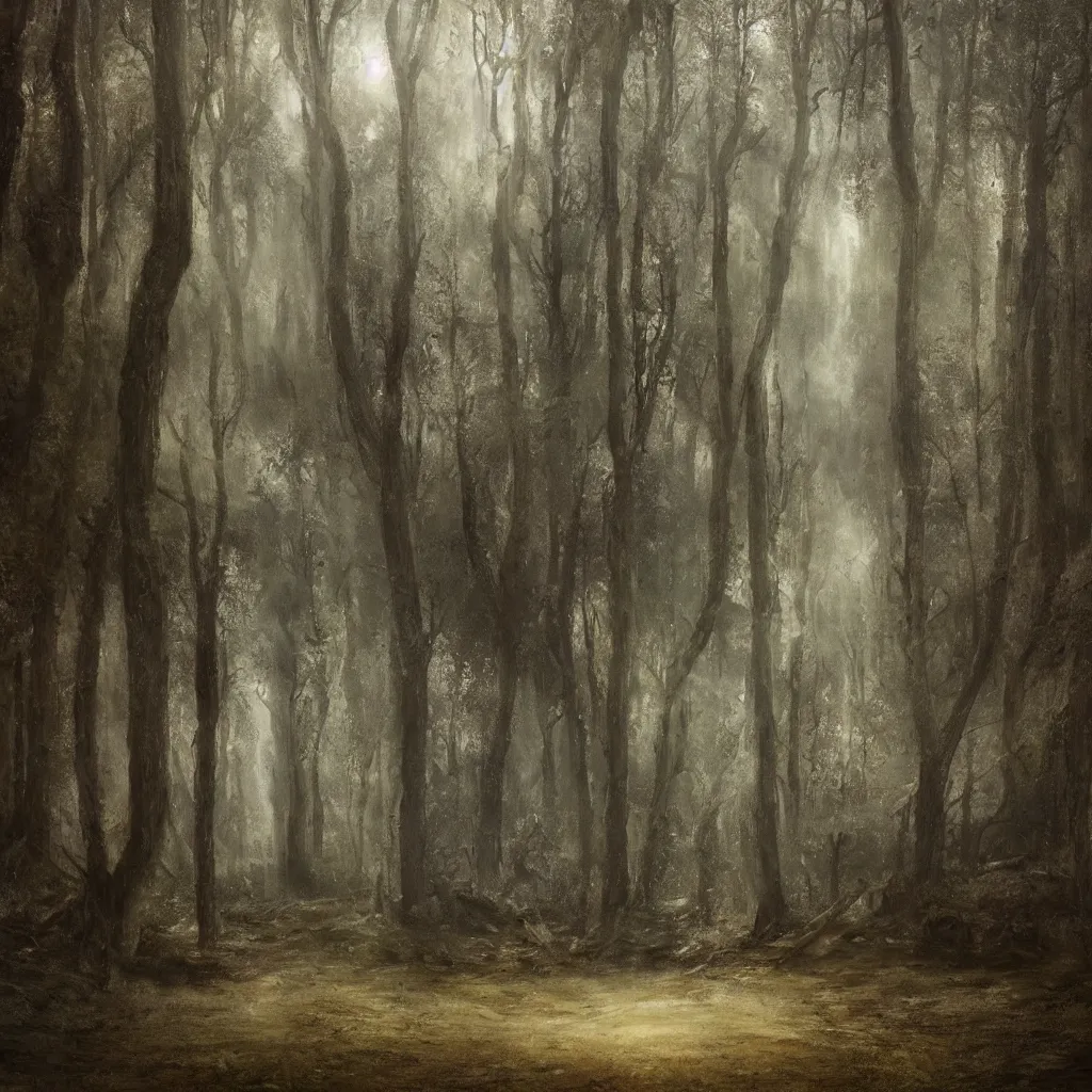 Prompt: a surreal dreamlike scene of a door in the middle of a forest, somber melancholic matte painting, highly detailed oil painting, liminal space, 8k, stillness, solitude, mysterious magical atmosphere, masterpiece