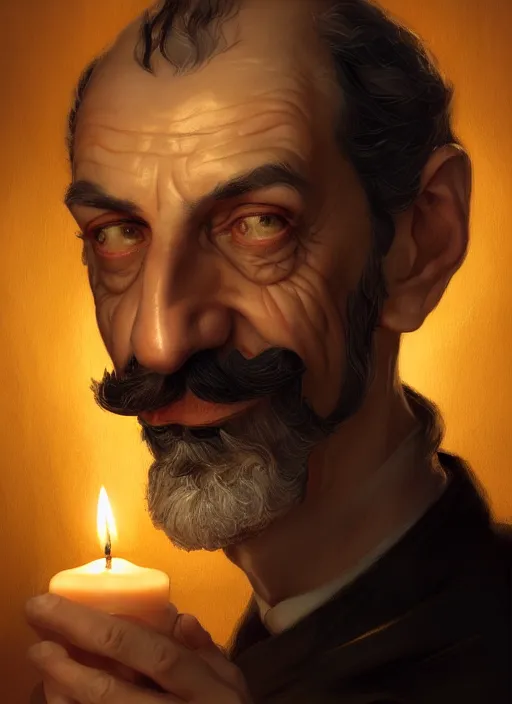 Prompt: portrait of havelock vetinari, discworld, intricate, elegant, candle light, highly detailed, digital painting, artstation, concept art, smooth, sharp focus, illustration, art by wlop, mars ravelo and greg rutkowski