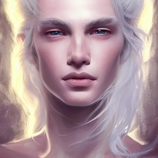 Image similar to god, young, white hair, long hair, intricate, ethereal, highly detailed, sharp focus, artstation, digital painting, by stanley lau and artgerm