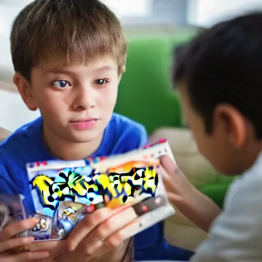 Image similar to boy showing his pokemon cards to the camera.