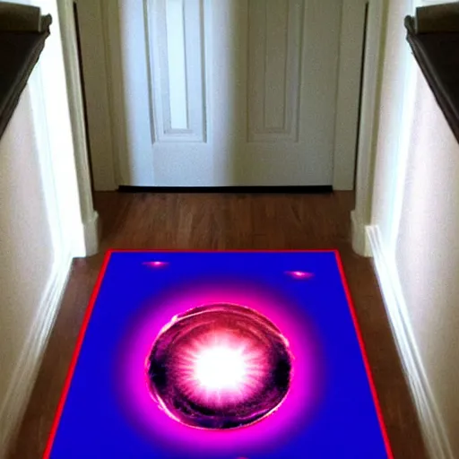 Image similar to portal door on the carpet opening to other dimensions, an alien coming out of the portal, scary